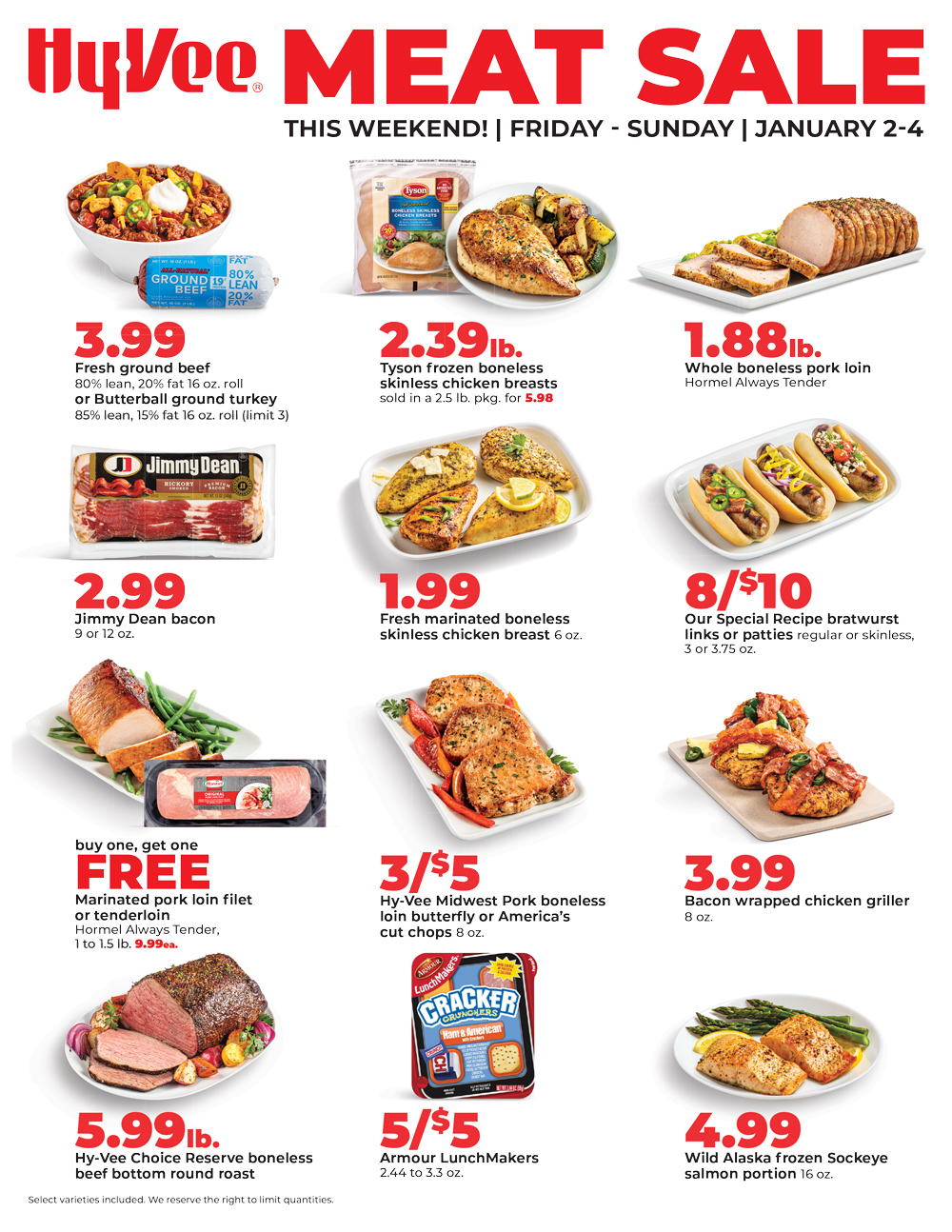 Meat Sale running Friday–Sunday, January 2–4. Features discounted items including Armour LunchMakers, Jimmy Dean bacon, fresh ground beef or ground turkey, bacon-wrapped chicken grillers, marinated chicken breasts, pork loin, pork chops, bratwurst, frozen chicken breasts, buy-one-get-one-free marinated pork loin, wild Alaska sockeye salmon, and beef bottom round roast.