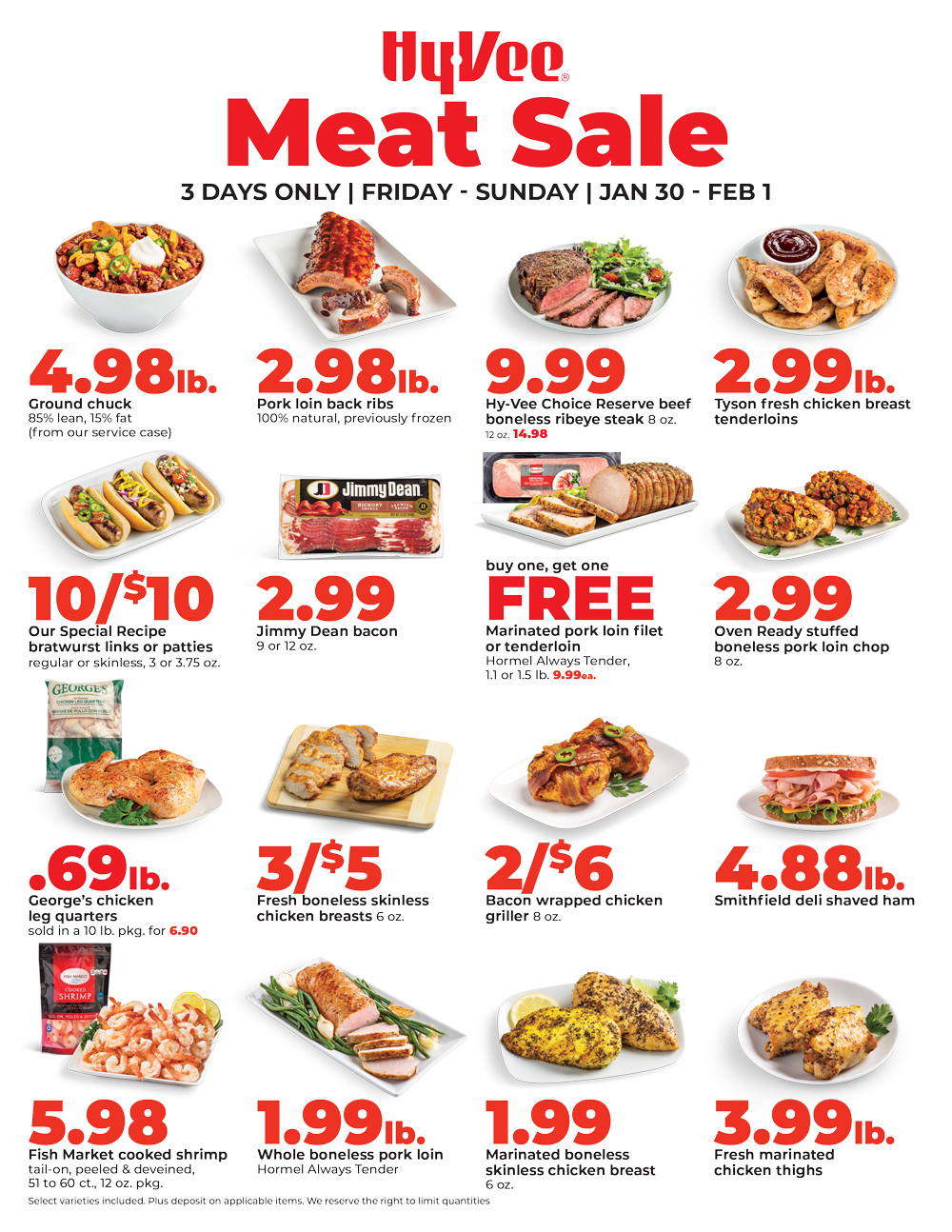 Hy-Vee Meat Sale flyer: 3 days only Jan 30–Feb 1 with deals on beef, pork, chicken, bacon, ribs, shrimp, and deli meats