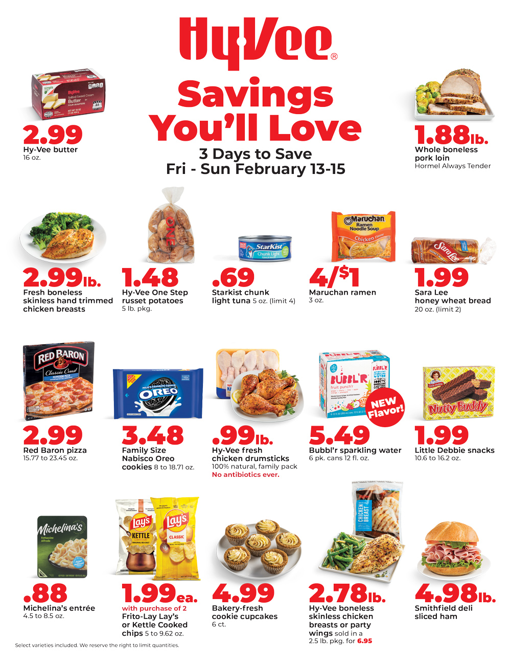 Hy-Vee “Savings You'll Love” flyer with 3-day deals on meat, snacks, pizza, bread, and groceries.
