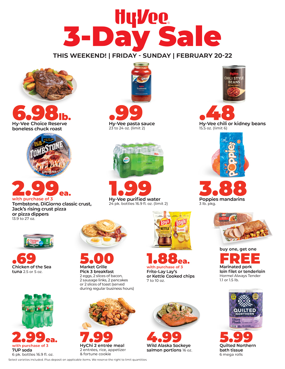 Hy-Vee 3-Day Sale flyer featuring chuck roast $6.98/lb, pasta sauce 99¢, beans 48¢, pizza $2.99, water $1.99 and more. Feb 20-22.