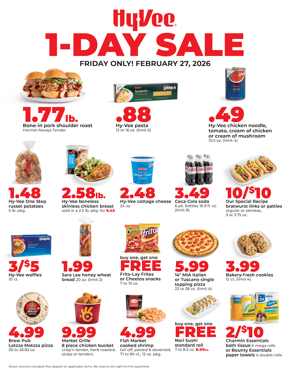 Hy-Vee 1-Day Sale flyer for Feb 27, 2026 featuring pork roast $1.77/lb, pasta 88¢, soda $3.49, pizza $5.99, shrimp $4.99 and more deals.