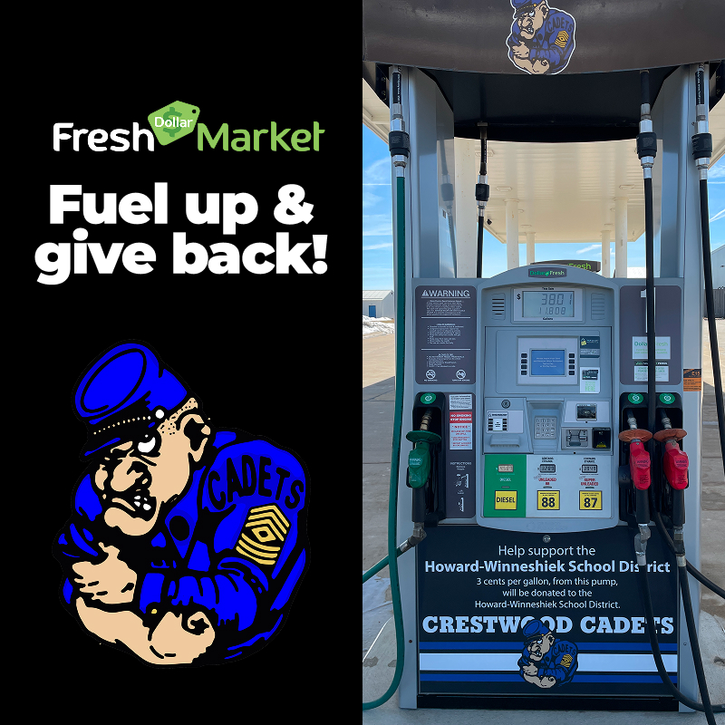 Fresh Market fuel pump fundraiser supporting local school district, featuring Crestwood Cadets branding and donation message.