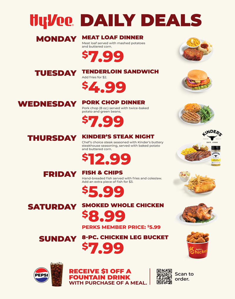 Hy-Vee Daily Deals menu with a different meal special each day of the week, from $4.99 to $12.99.