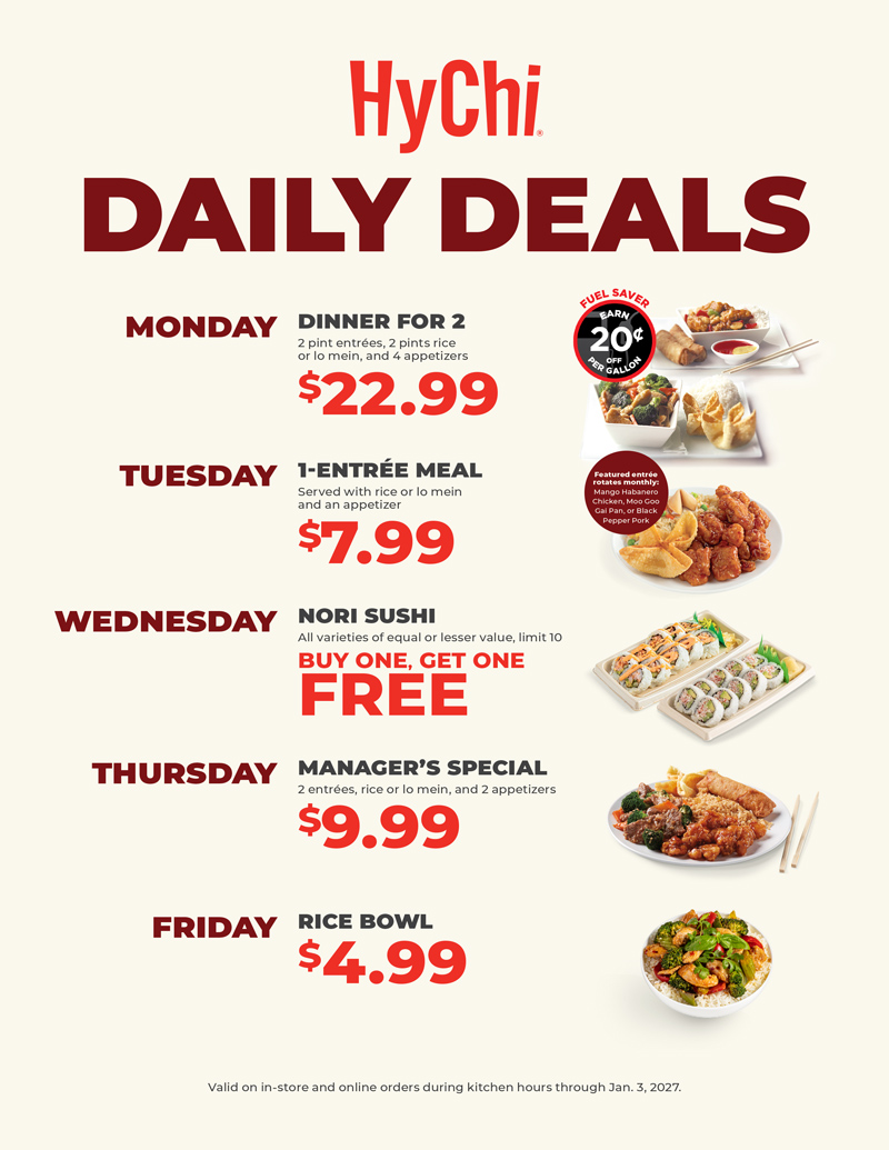 HyChi Daily Deals: weekday specials on entrée meals, Nori Sushi and rice bowls, starting at $4.99.