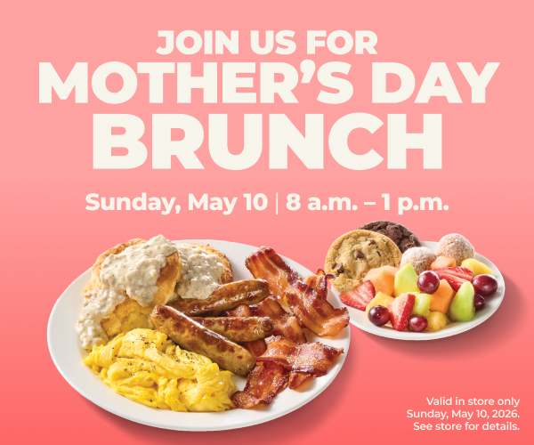 Mother's Day brunch banner with breakfast plate, fruit, and event details for May 10.