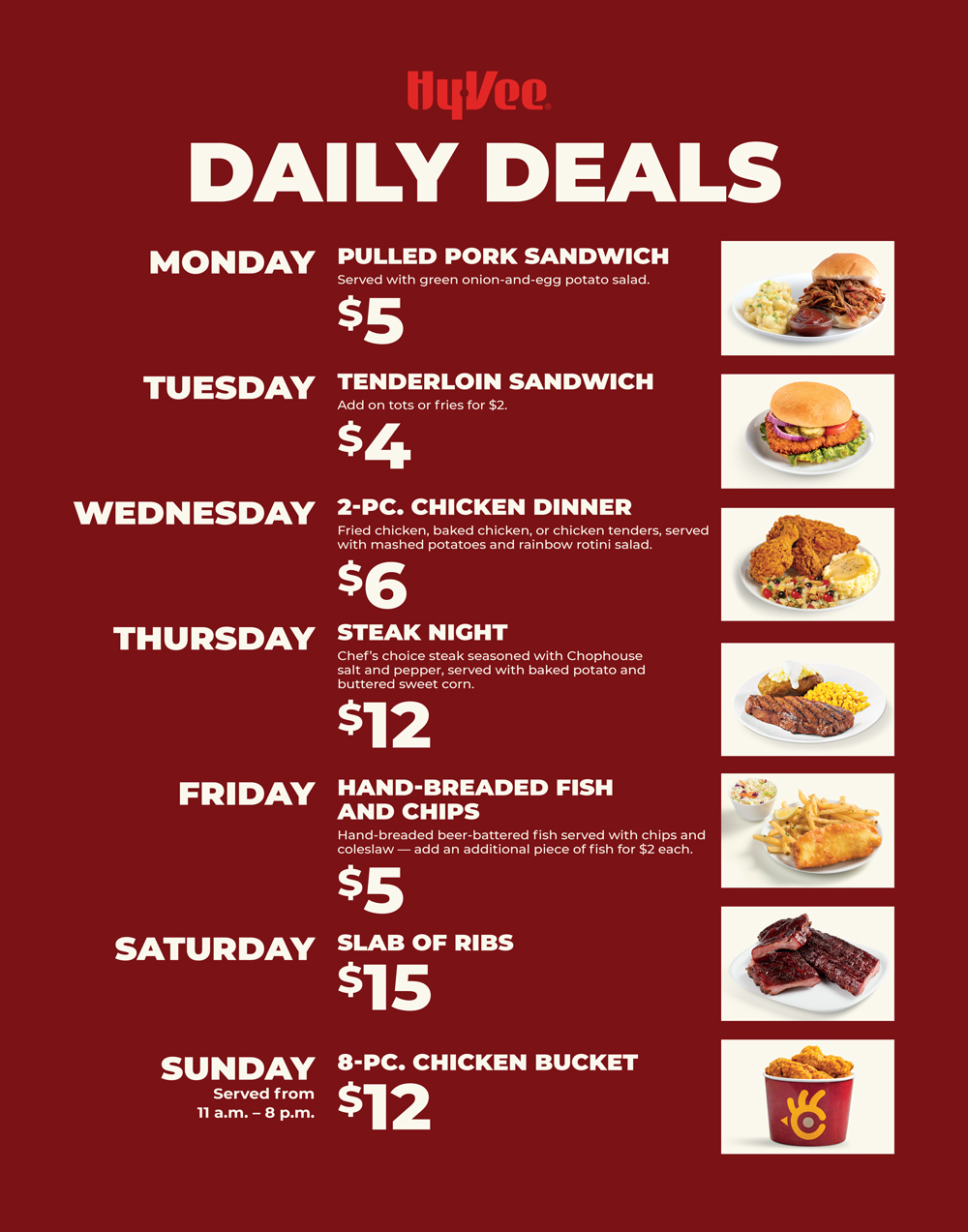 A Hy-Vee promotional graphic advertising “Meal Deals Made for You,” featuring a crispy chicken sandwich and messaging about saving on ready-to-eat meals throughout the week.